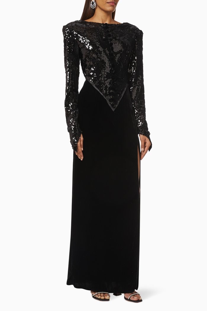 

Hibou De Minuit Gown in Sequin Velvet, Black