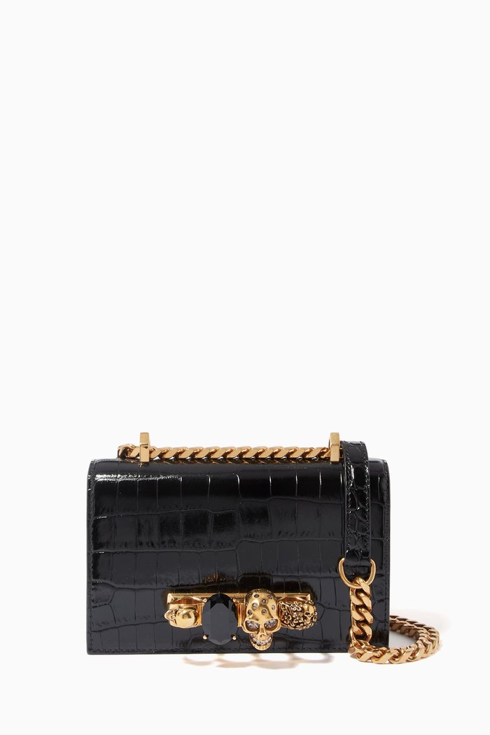 

Mini Jewelled Satchel in Croc-embossed Leather, Black