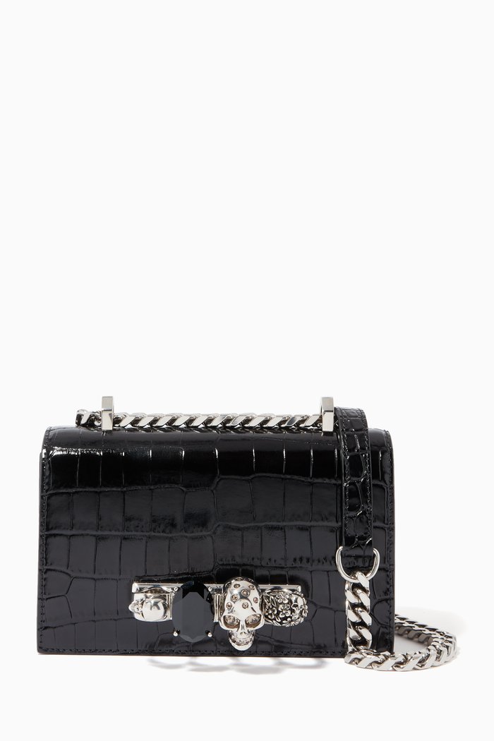 

Mini Jewelled Satchel in Croc-embossed Leather, Black