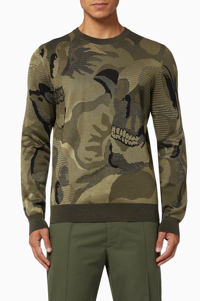 

Skull Camouflage Jacquard Sweater in Wool, Green