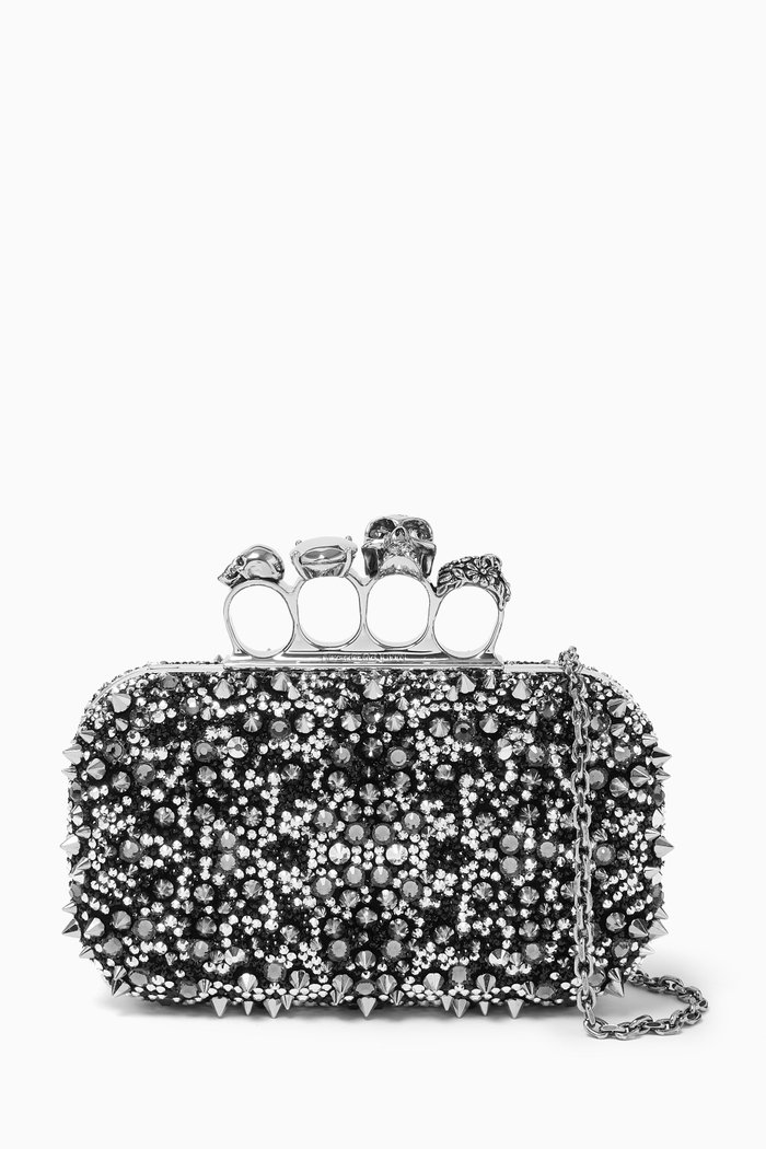 

Skull Embellished Four-ring Clutch in Leather, Black