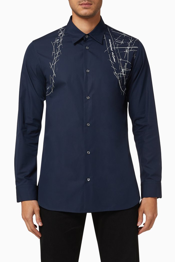 

Printed Harness Shirt in Cotton Poplin, Blue