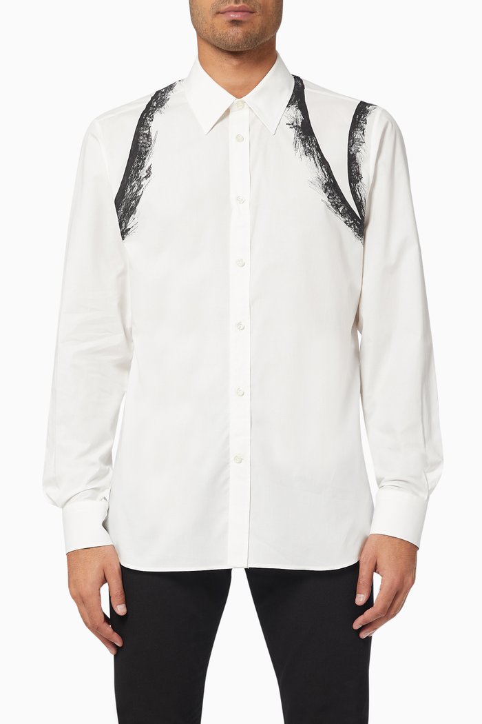 Printed Lace Harness Shirt in Cotton Poplin, White