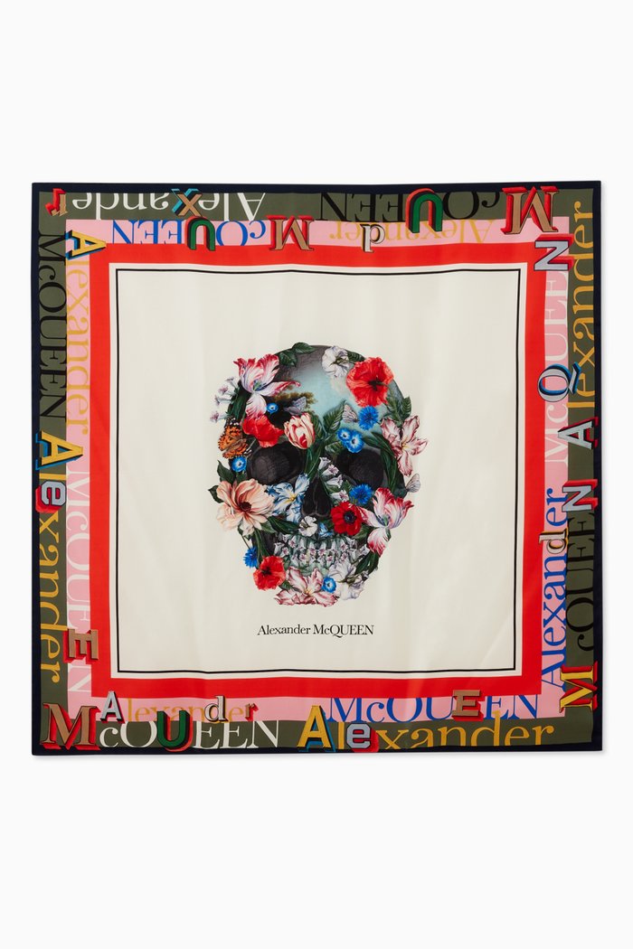 

Flower Skull Scarf in Silk, White
