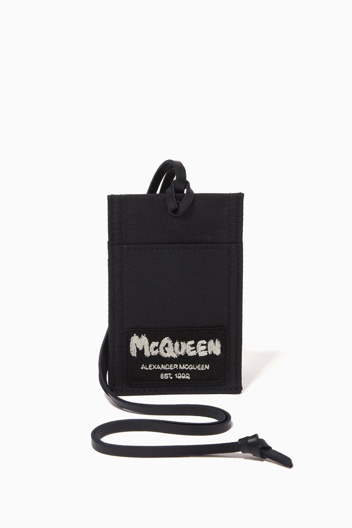 

McQueen Graffiti Card Holder with Strap in Nylon, Grey
