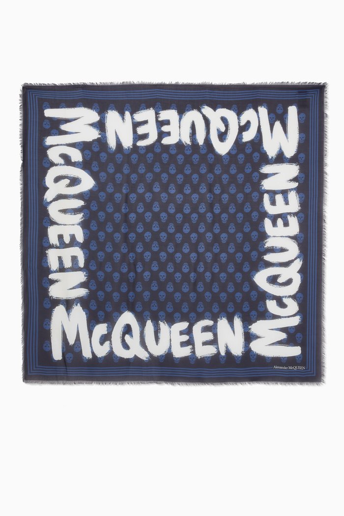 

McQueen Graffiti Biker Skull Scarf in Modal, Blue