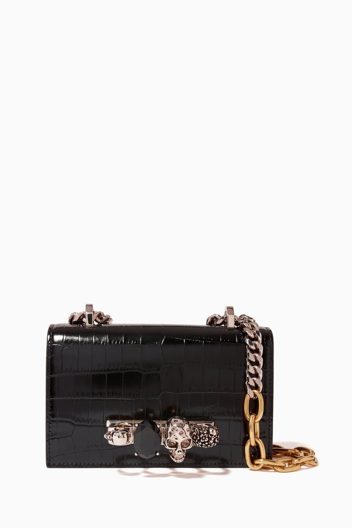 

Mini Jewelled Satchel Bag in Croc-embossed Leather, Black