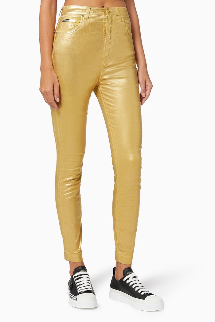 

High-waisted Jeans with DG Plaque in Lamé Stretch Denim, Gold