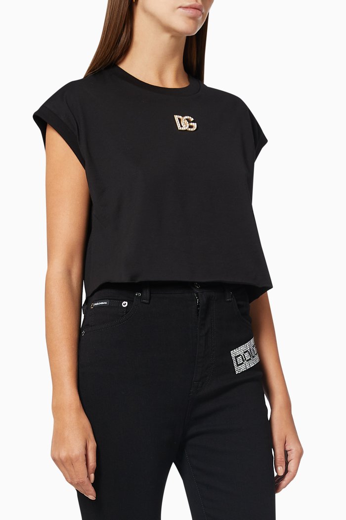 

Cropped T-shirt with Rhinestone Millennial DG Logo in Jersey, Black
