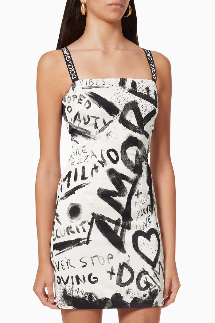

DG Graffiti Print Mini Dress in Charmeuse, White