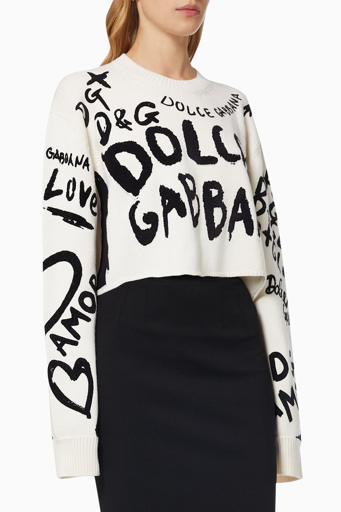 

Intarsia & Flocked DG Graffiti Cropped Sweater in Wool, White