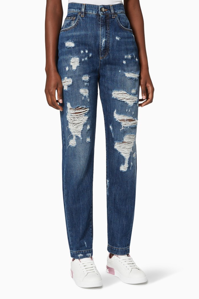 

Amber Jeans in Distressed Cotton Denim, Blue