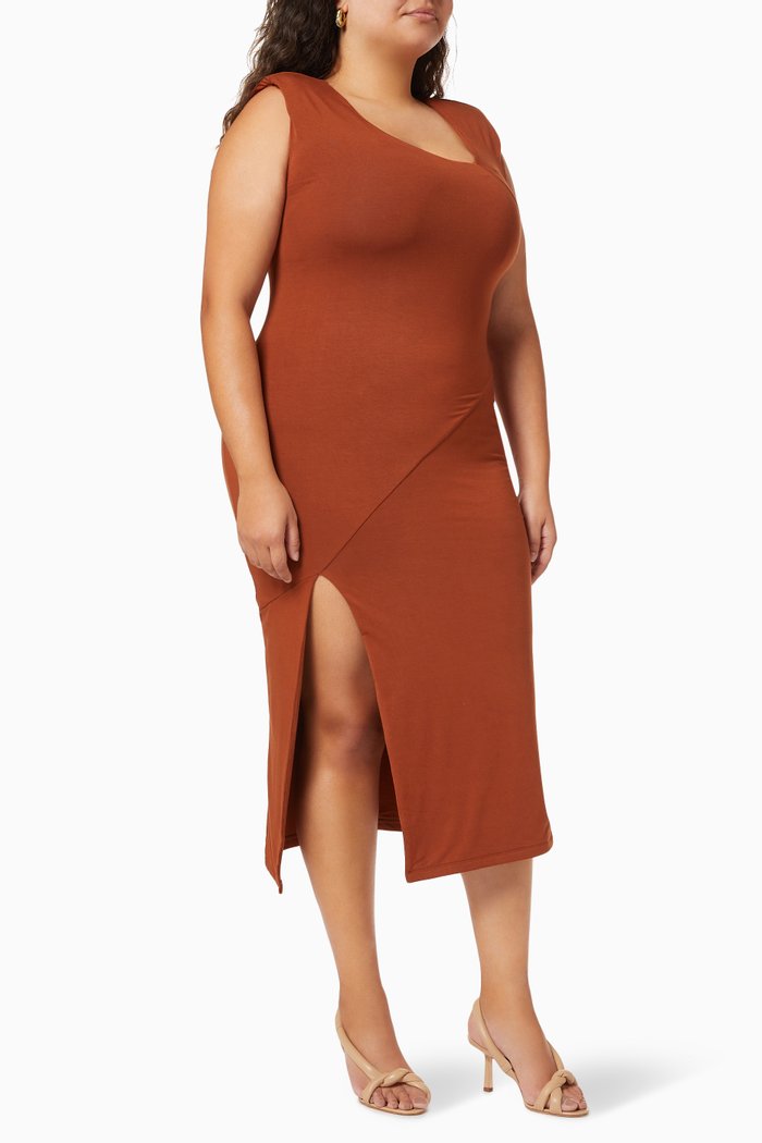 

Asymmetric Neck Dress, Brown