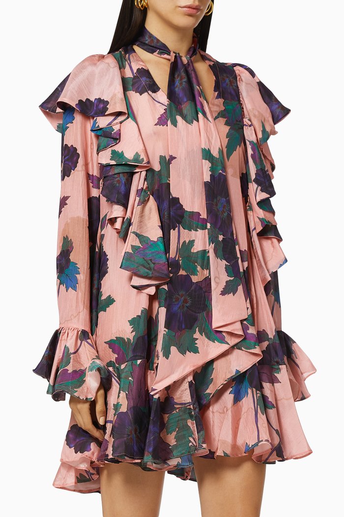 

Aymee Floral Ruffle Dress in Silk, Pink