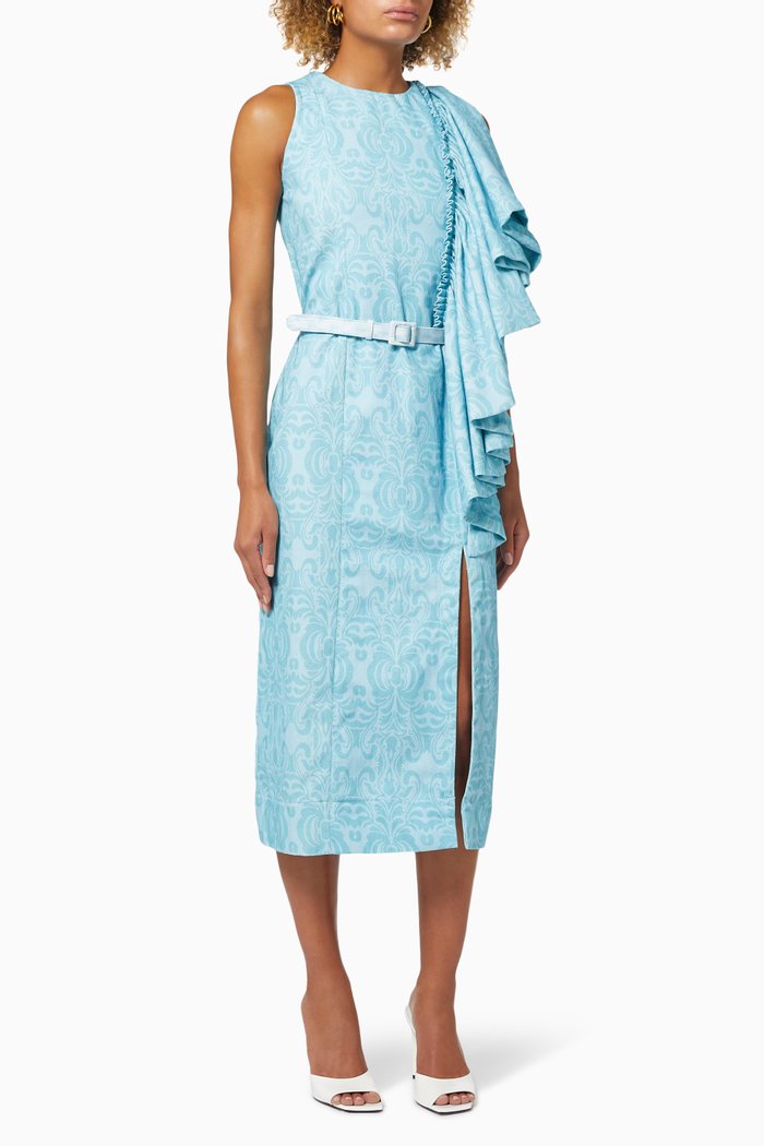 

Edelira Drape Ruffle Dress with Belt in Cotton, Blue