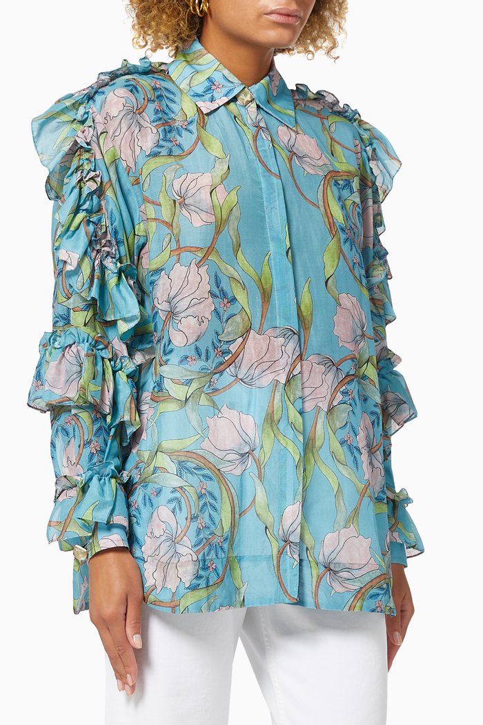 Irie Floral Ruffle Shirt in Cotton and Silk, Blue