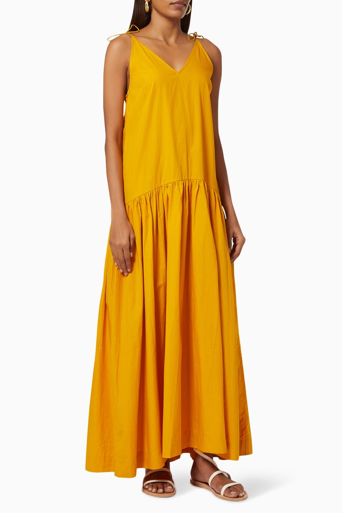 Drop Waist Maxi Dress in Cotton Poplin, Yellow
