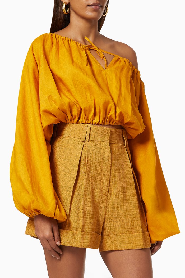 

Billow Sleeve One-shoulder Top in Linen, Yellow