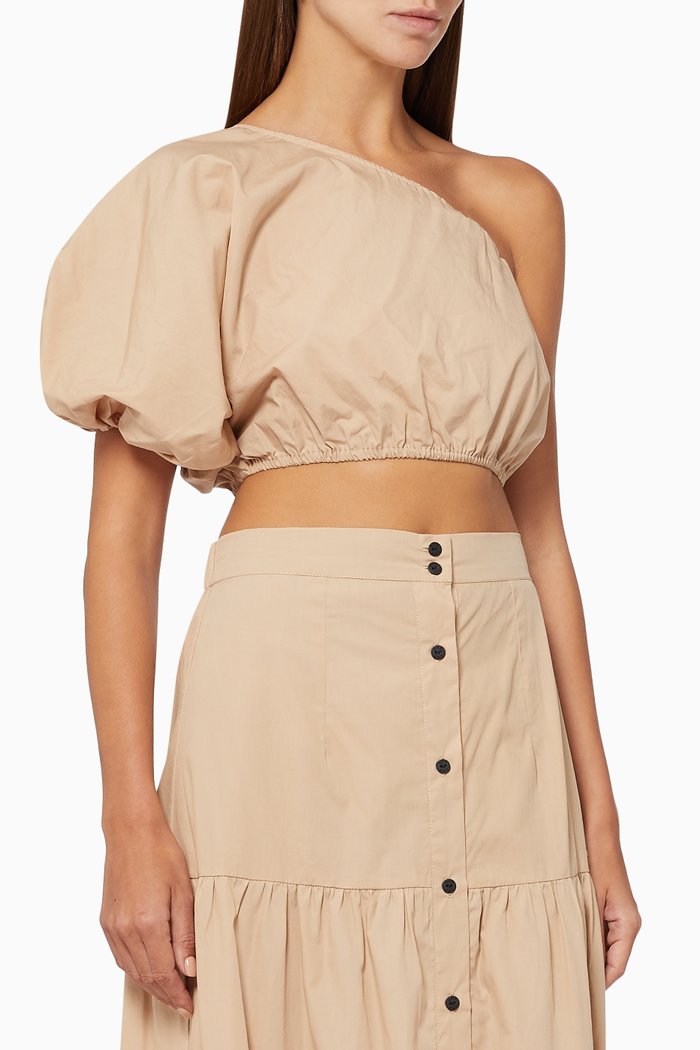 

One Shoulder Puff Sleeve Crop Top in Cotton Poplin, Neutral