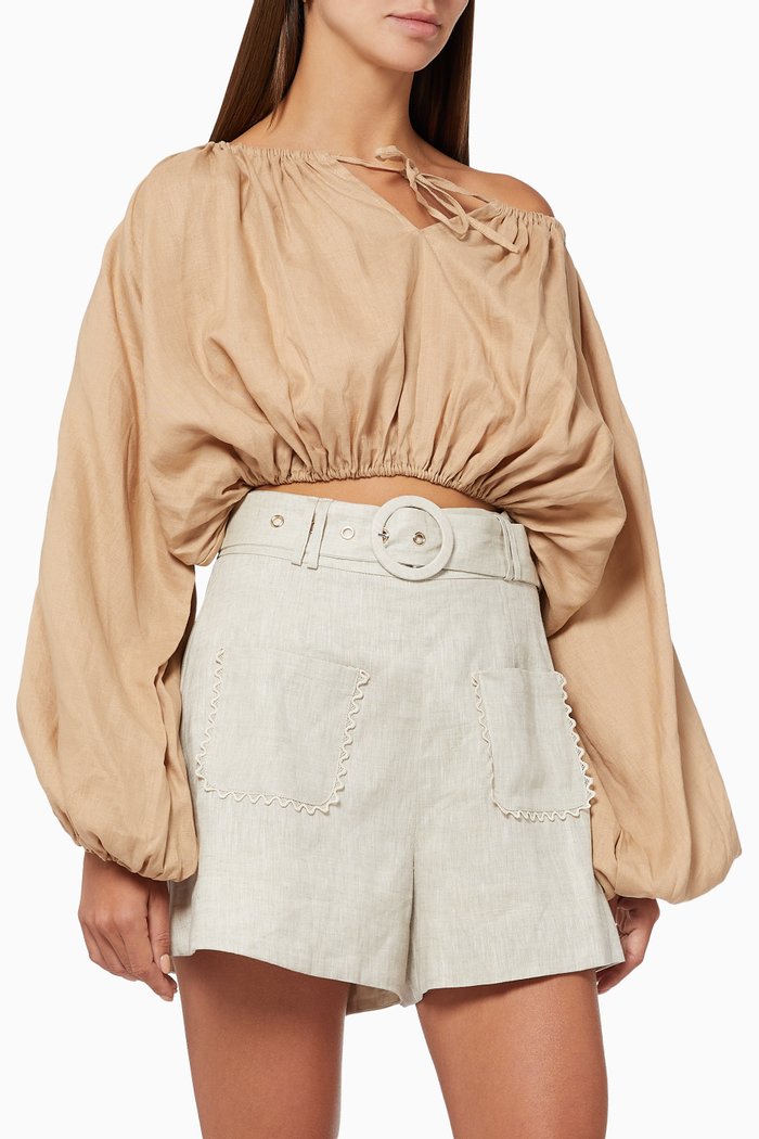

Billow Sleeve One-shoulder Top in Linen, Neutral