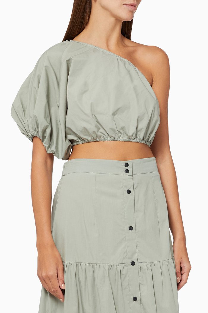 

One Shoulder Puff Sleeve Crop Top in Cotton Poplin, Green