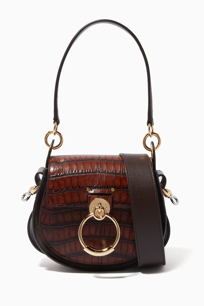 

Small Tess Bag in Croc-embossed & Shiny Calfskin, Brown