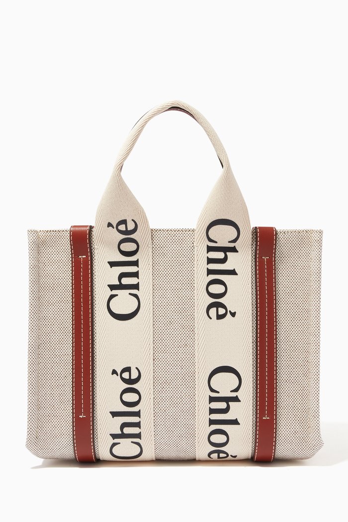 

Mini Woody Tote Bag in Cotton Canvas & Shiny Calfskin, Brown