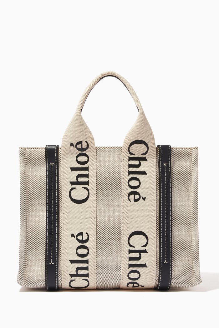 

Mini Woody Tote Bag in Cotton Canvas & Shiny Calfskin, Blue