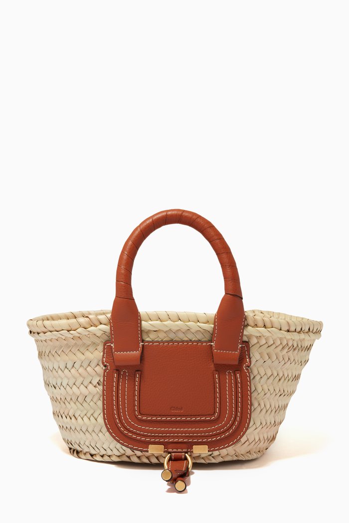 

Mini Marcie Basket Bag in Raffia & Grained Calfskin, Brown