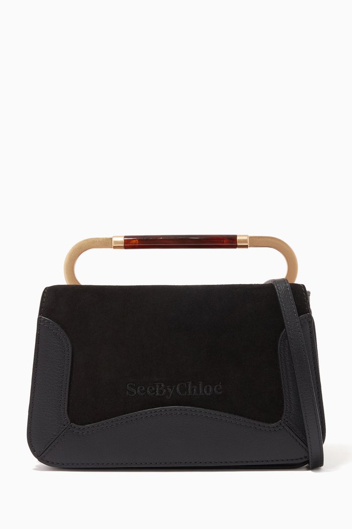 Ella Shoulder Bag in Suede Cowhide & Grained Cowhide, Black