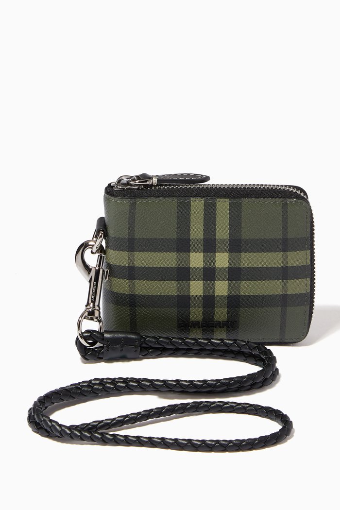 

Ziparound Wallet Lanyard in Check Print Leather, Green