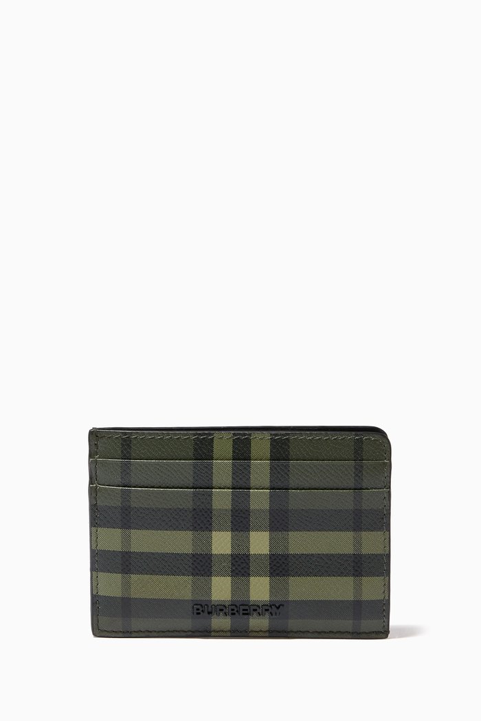 Card Case in Check Print Leather, Green