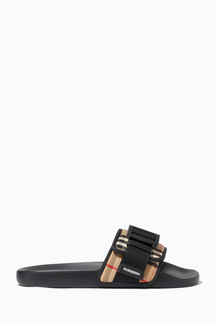 

Buckled Strap Slides in Vintage Check Cotton, Black