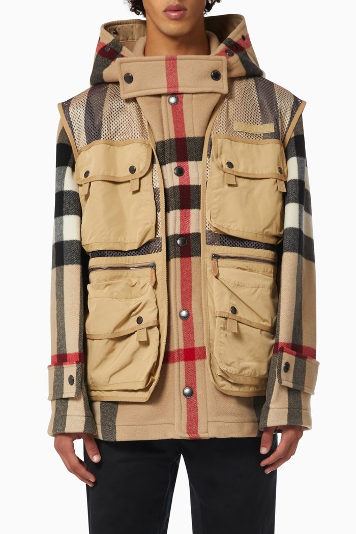 

Check Technical Wool Jacket with Detachable Gilet, Neutral