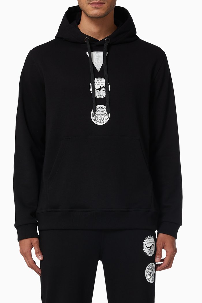 

Hoodie with Badge Print in Organic Loop-back Cotton, Black