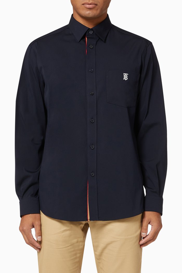 

Monogram Motif Shirt in Stretch Cotton Poplin, Blue