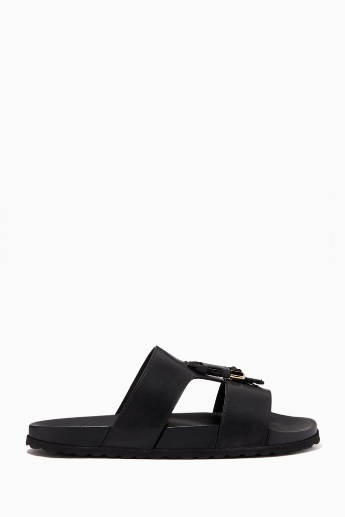 Buckled Slide Sandals in Leather, Black