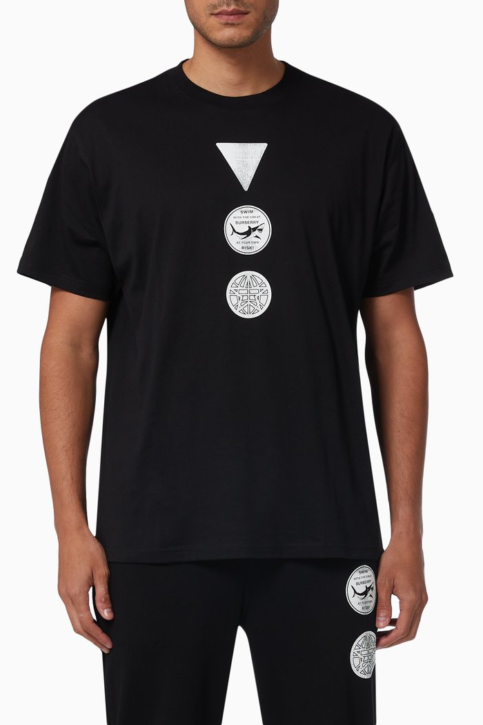 Oversized T-shirt with Badge Print in Cotton, Black