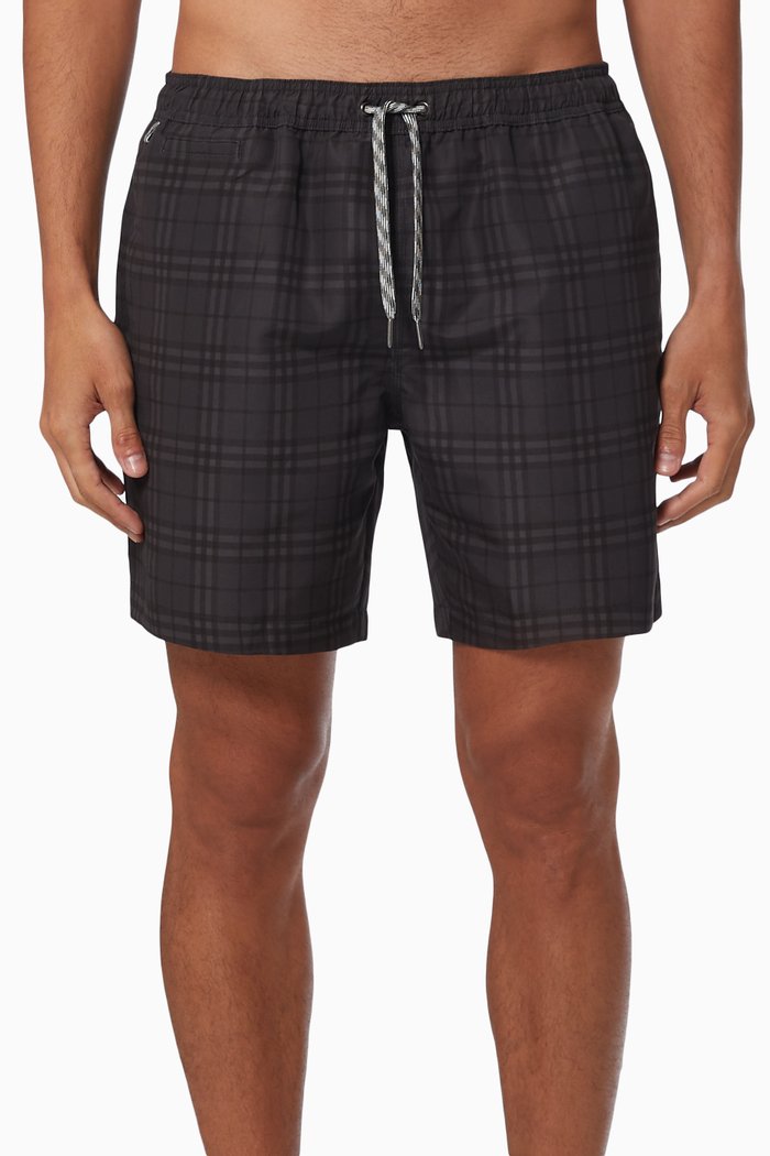 

Drawcord Swim Shorts in Check Print, Black
