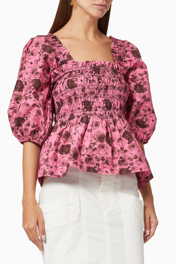 

Shirred Blouse in Printed Organic Cotton Poplin, Pink