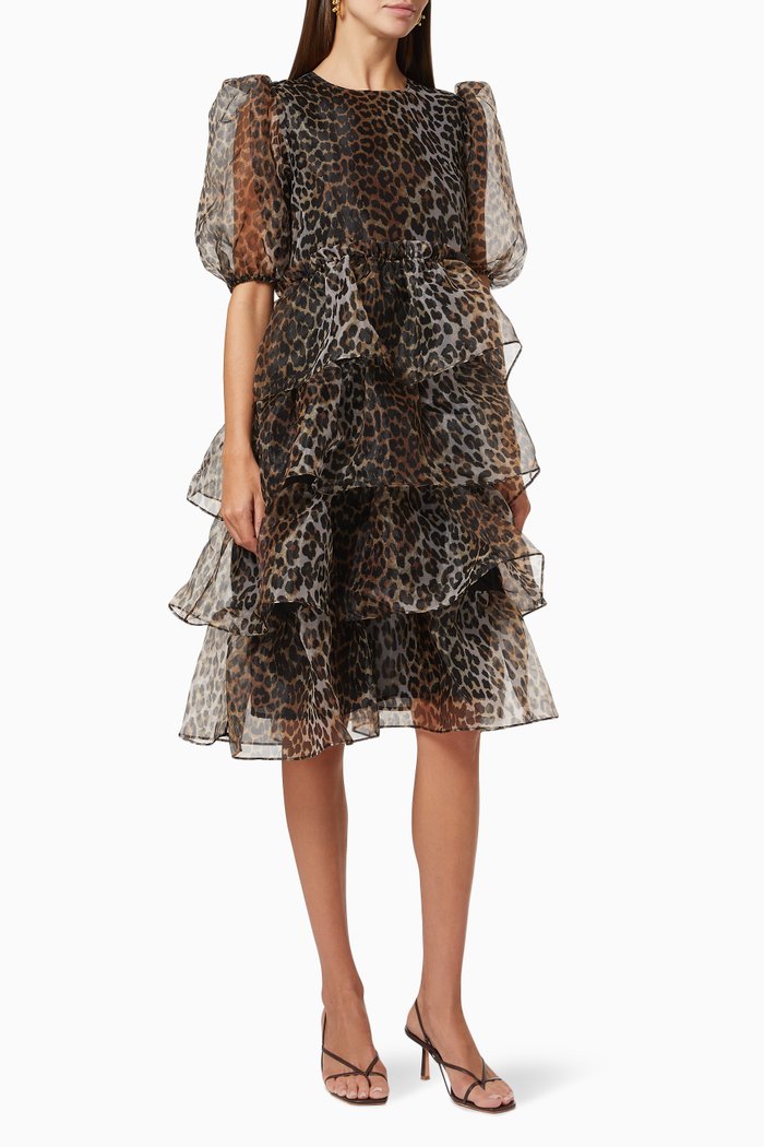 

Tiered Midi Dress in Recycled Polyester Blend Organza, Brown