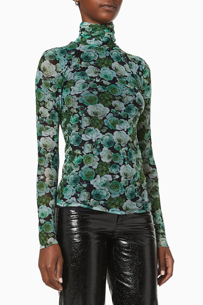 Floral Turtleneck Top in Fluid Mesh, Green