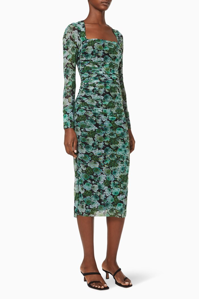 

Floral Ruched Midi Dress in Fluid Mesh, Green