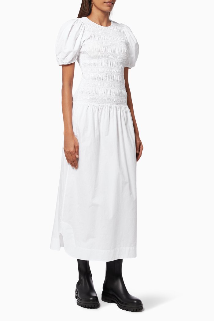 Shirred Midi Dress in Organic Cotton Poplin, White