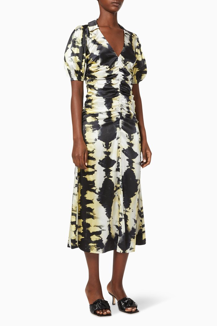 

Tie-dye Ruched Midi Dress in Silk Satin, Black