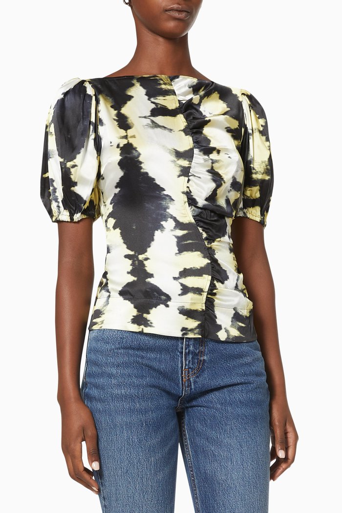 

Tie-dye Ruched Top in Silk Satin, Black