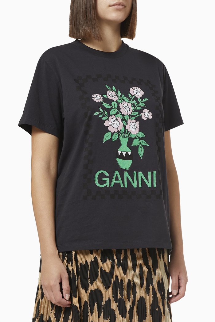 Ganni Vase Graphic T-shirt in Organic Cotton Jersey, Black