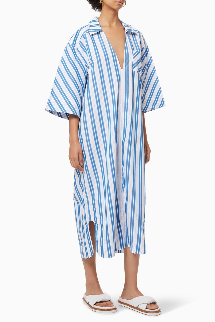 

Oversized Midi Dress in Striped Organic Cotton Poplin, Blue