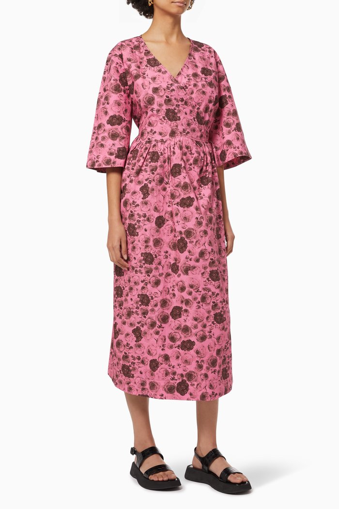 

Oversized Wrap Midi Dress in Printed Organic Cotton Poplin, Pink