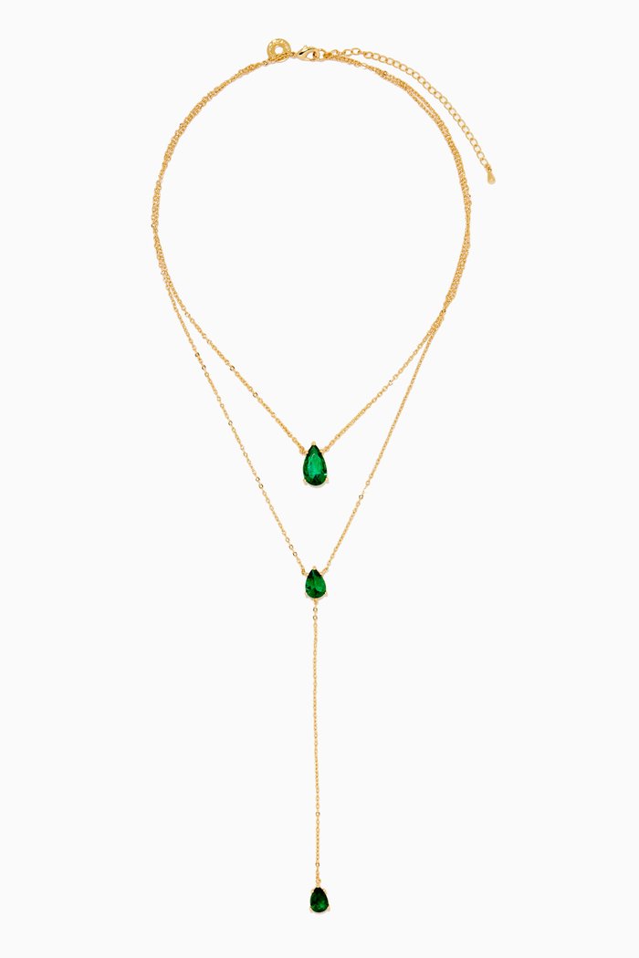 

Pear CZ Layered Lariat Necklace, Green